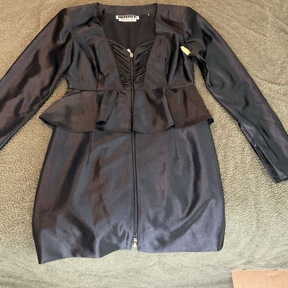 Rotate Birger Christensen Annie Black Satin Long Sleeve Peplum Mini Dress Size 8 - Picture 3 of 10